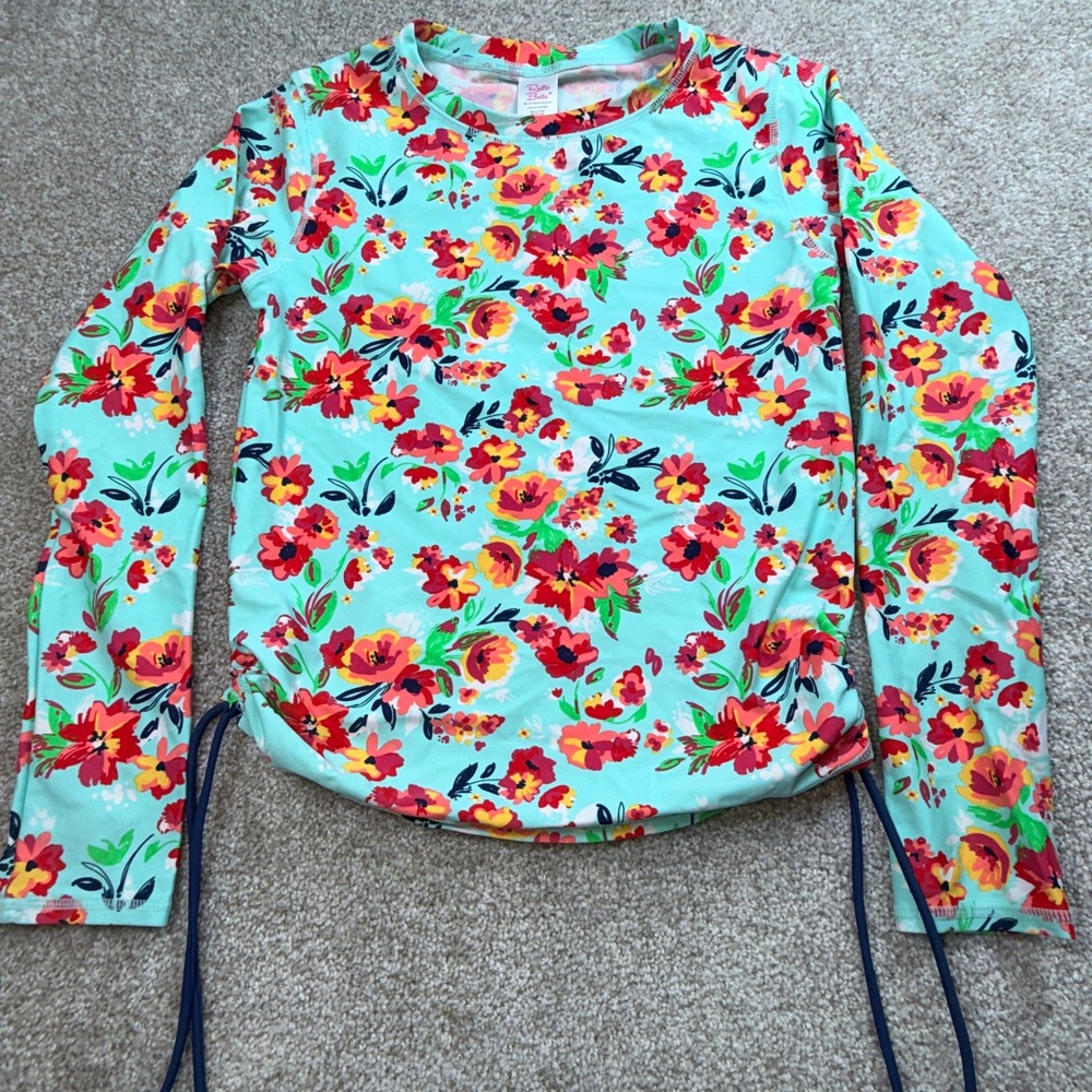 RuffleButts Kids Girls Aqua Floral Long Sleeve Rash Guard Swim Top Side Ties 14